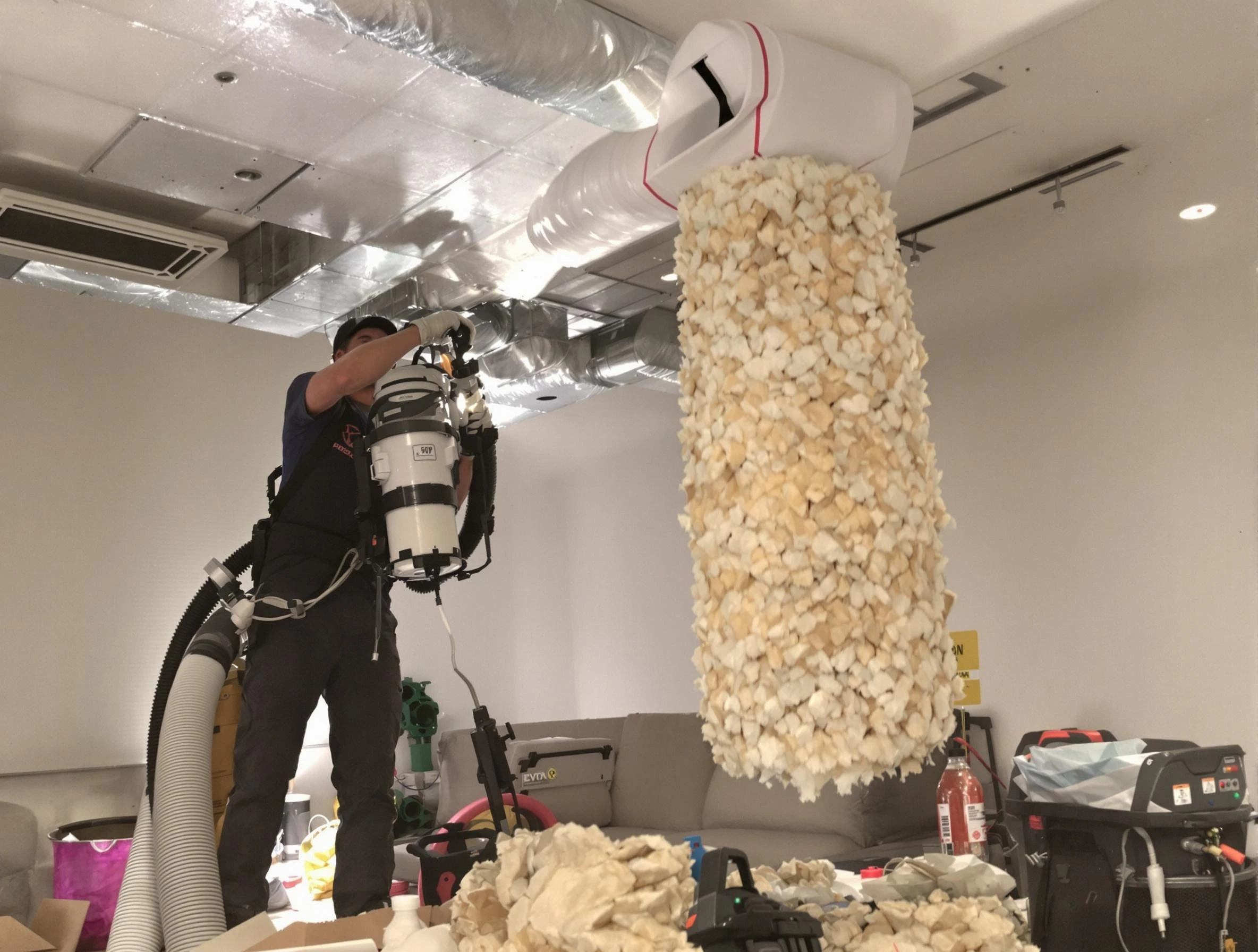 Meadow Lake Air Duct Cleaning technician performing precision vacuum insulation removal in a residential property in Meadow Lake